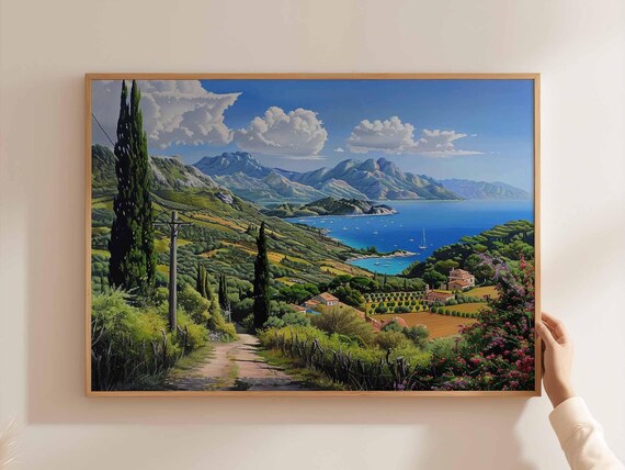 Corfu Greece Hillside Cypress Bay Sailing Boats Scenic Travel Poster