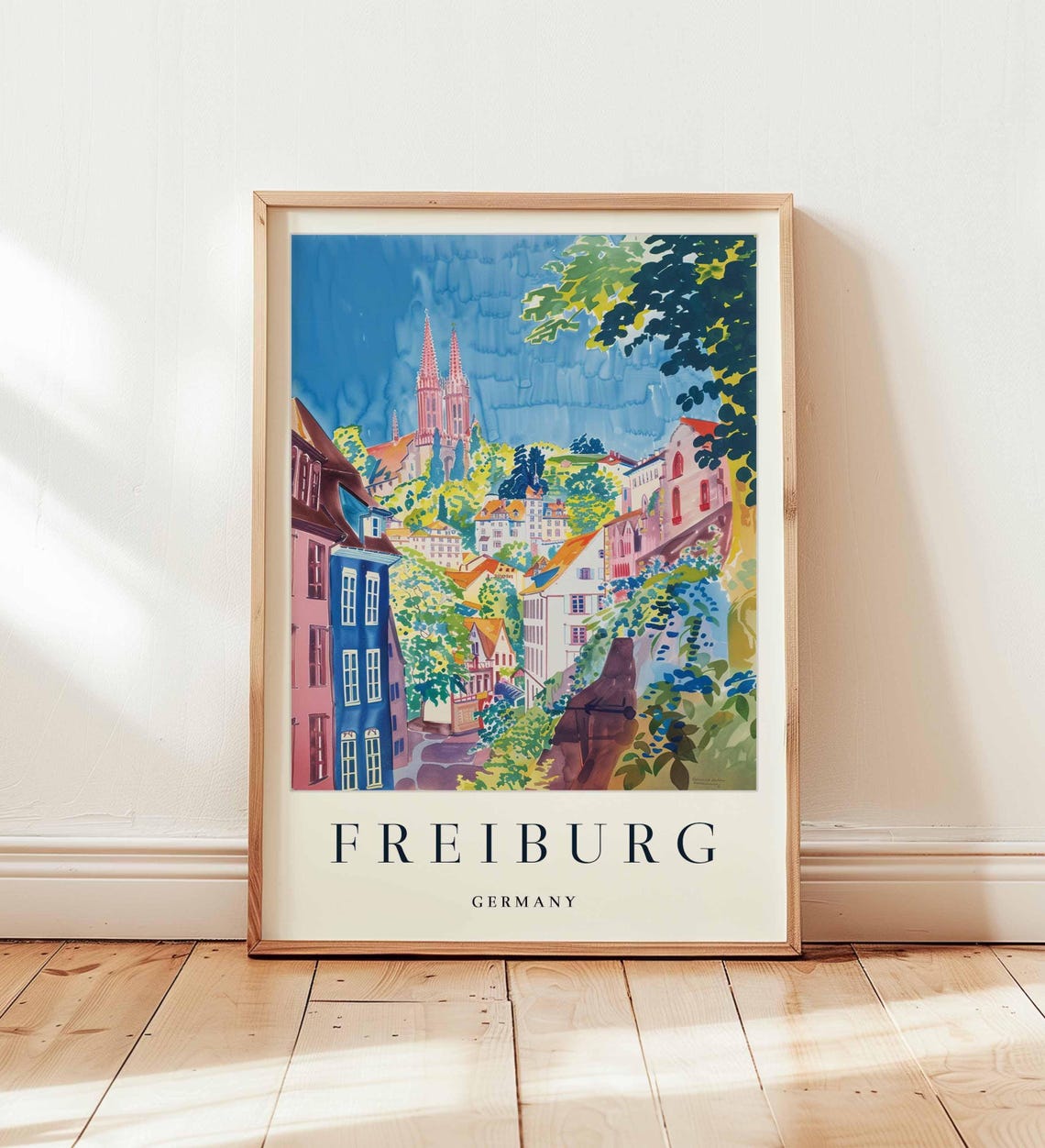 Freiburg Germany Cathedral Old Town Watercolor Warm Fresh Poster
