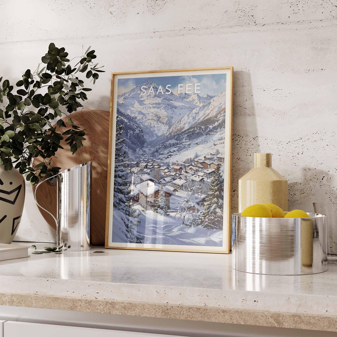 Saas Fee Switzerland High Valley Village Chalets Framed By Pines Poster - Image 2