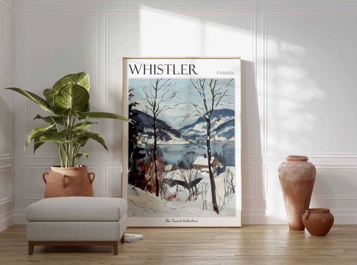 Whistler Canada Winter Lake and Mountain Village Watercolor Poster - Image 3
