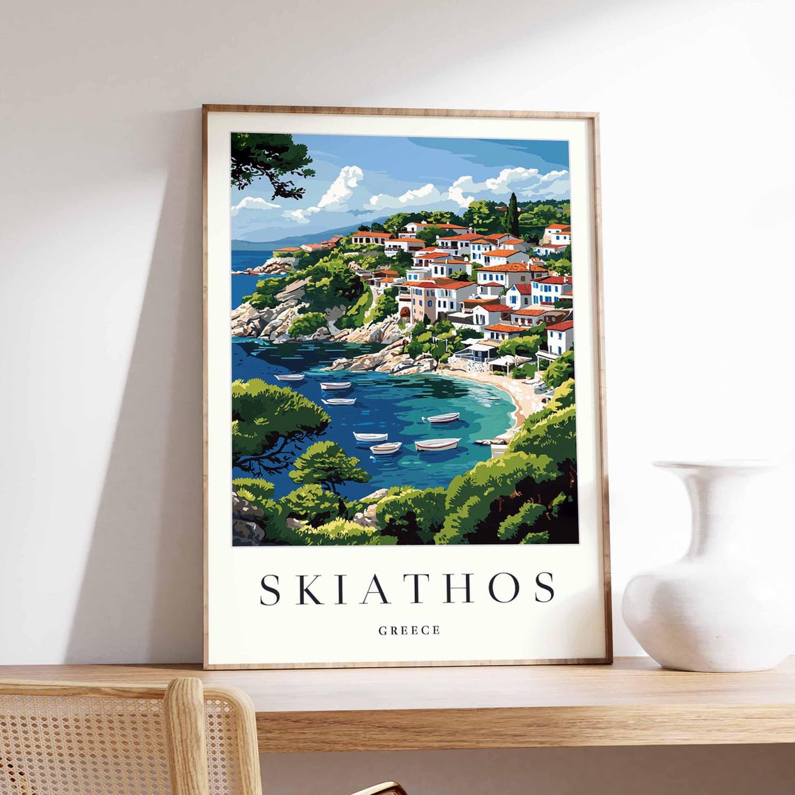 Skiathos Greece Whitewashed Village Bay Boats Coastal Poster