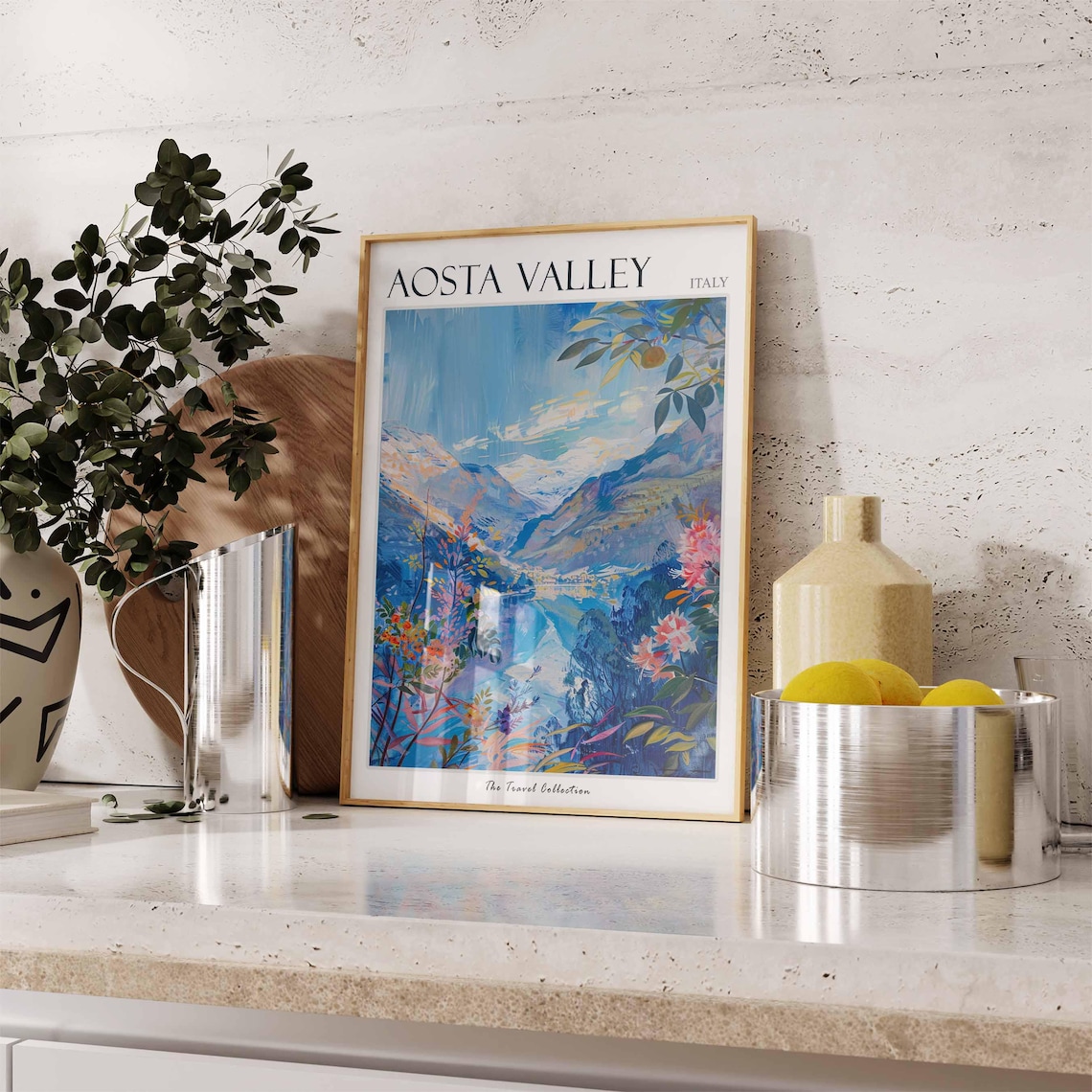 Aosta Valley Italy Floral Valley Snowy Peaks Blue Toned Poster - Image 2