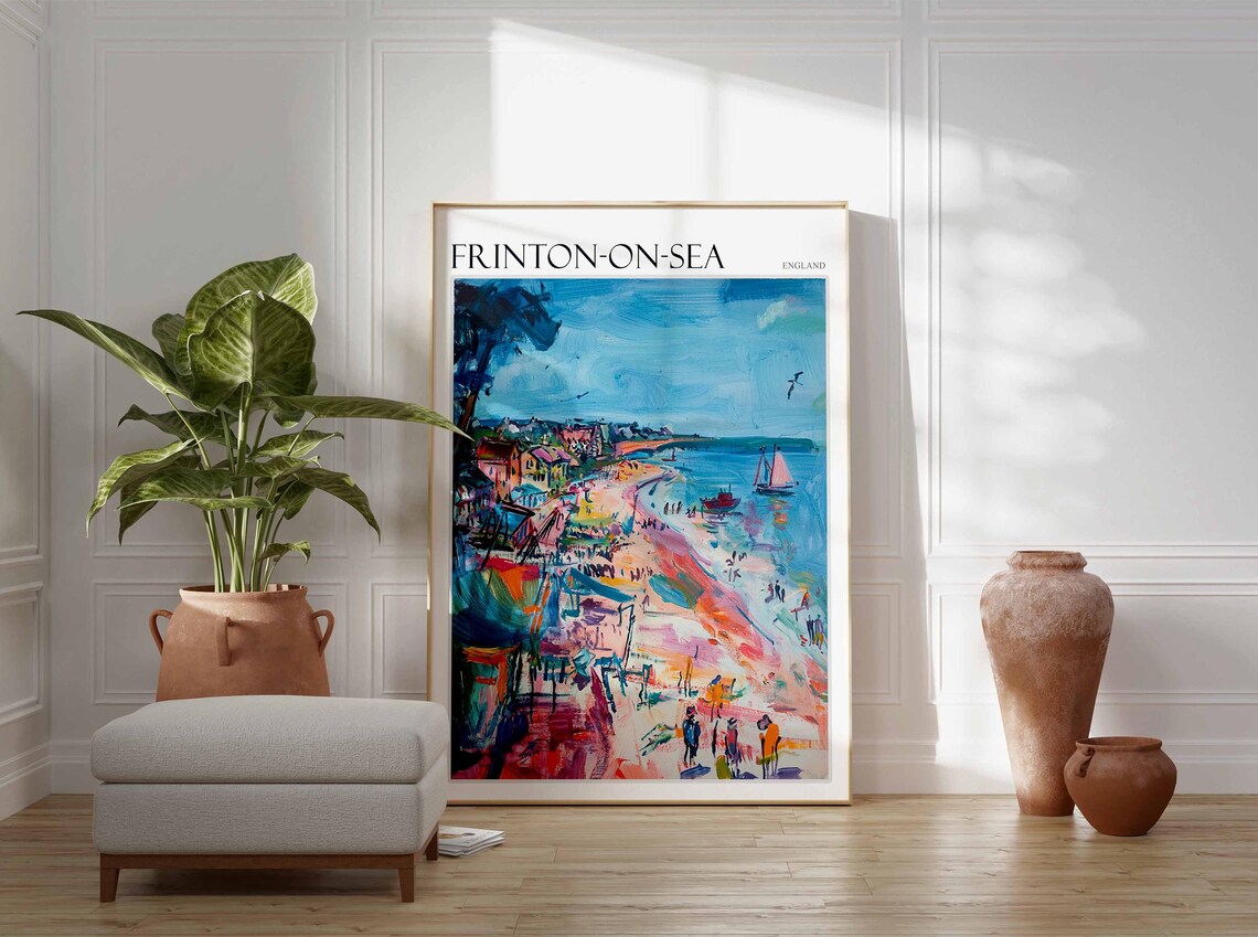 Frinton On Sea Impressionist Busy Beach Sailboat Bright Colors Travel Poster - Image 3