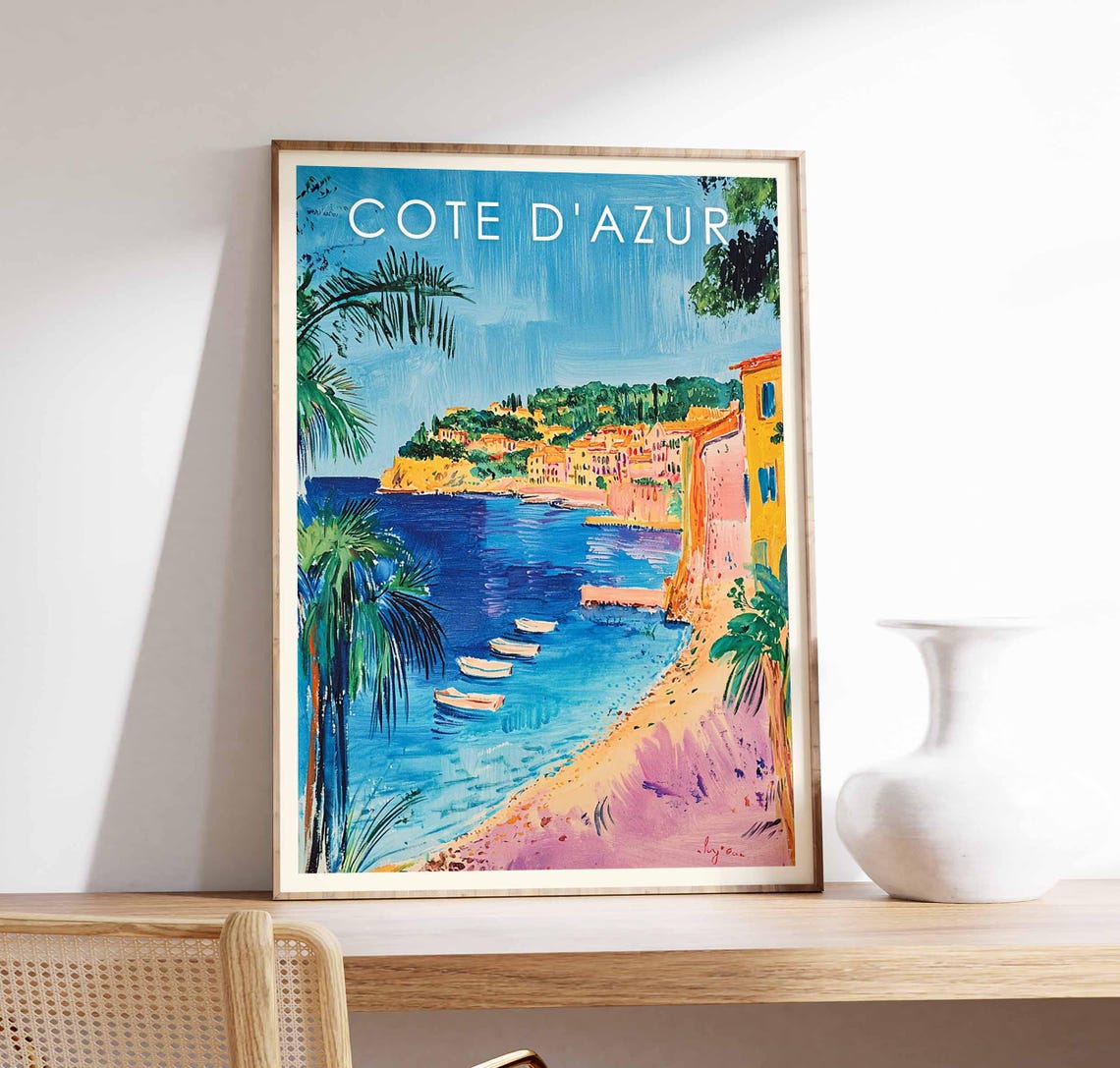 Cote D'Azur French Riviera Beach Boats Vintage Travel Poster