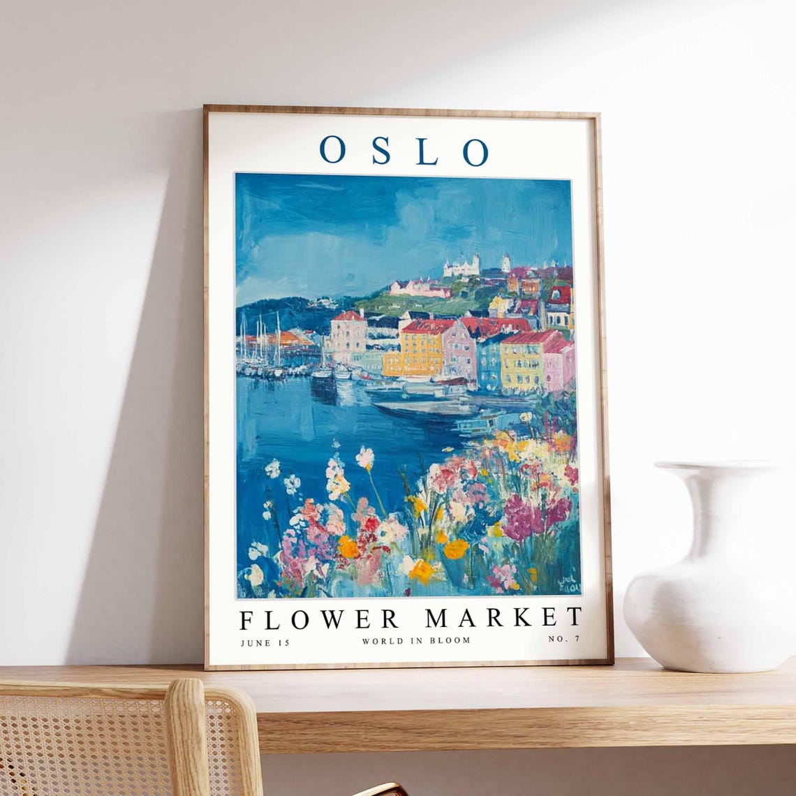 Oslo Flower Market Sailboat Harbor Pastel Blooms Wall Poster