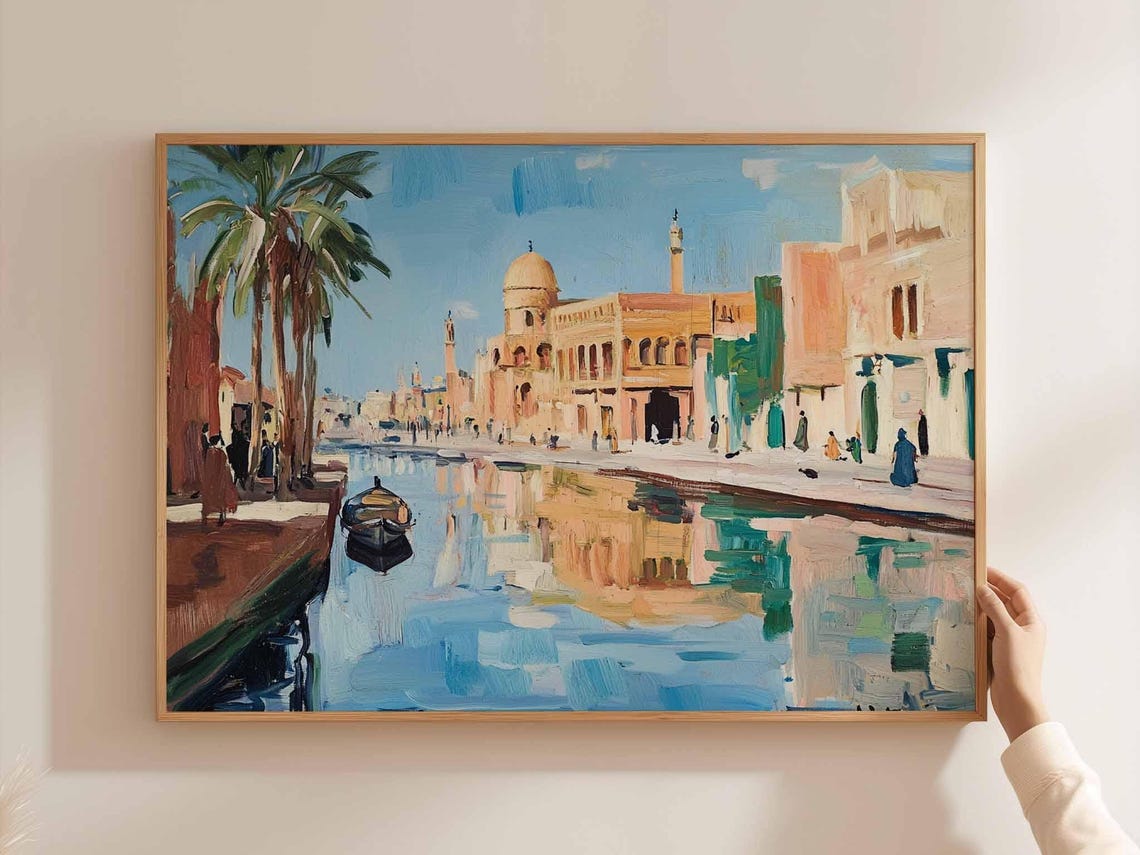 Baghdad Canal Boats Riverside Mosque Middle East Travel Poster