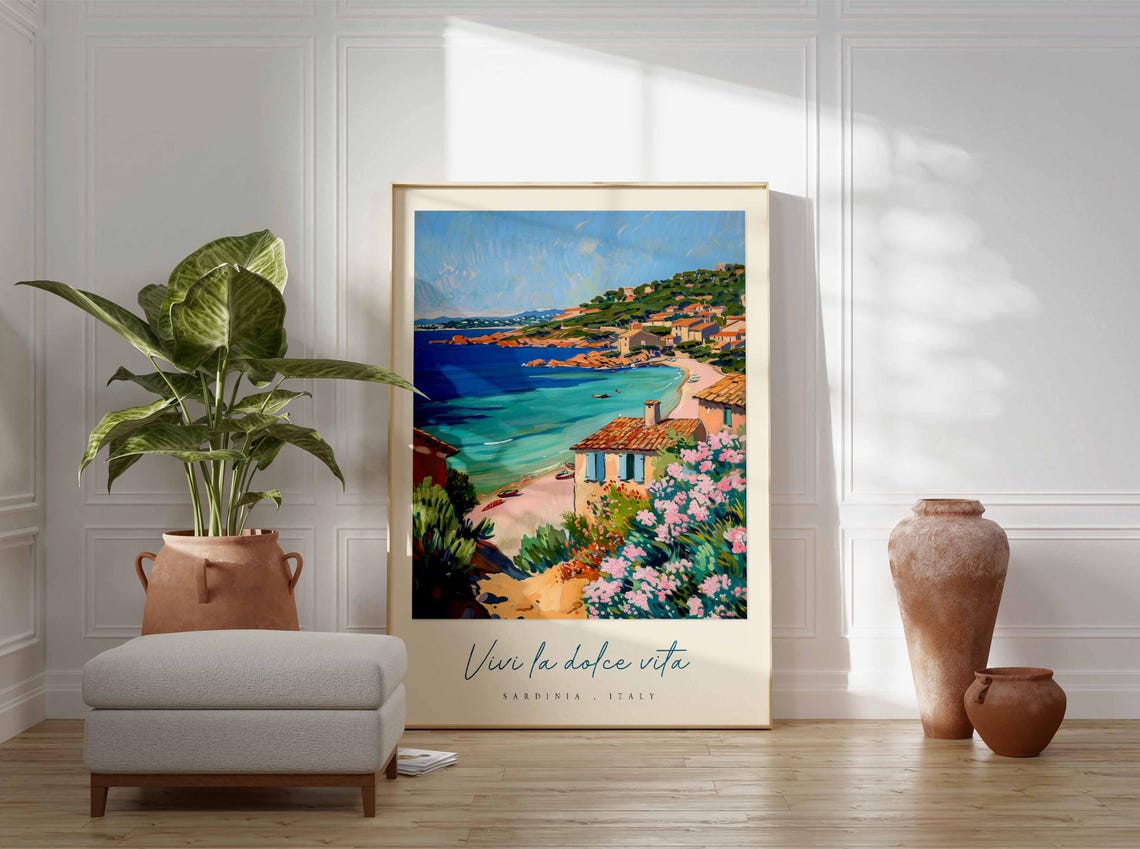 Sardinia Italy Beach Poster Turquoise Cove Village And Flower Path - Image 3