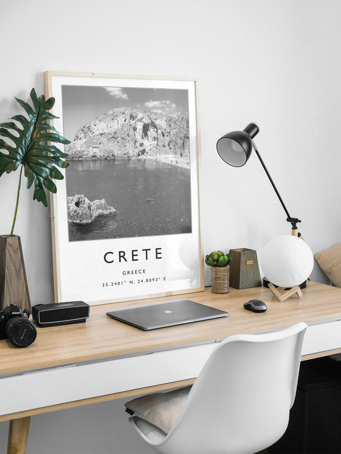 Crete Greece Black and White Rocky Cove Beach Coordinates Photo Print - Image 2