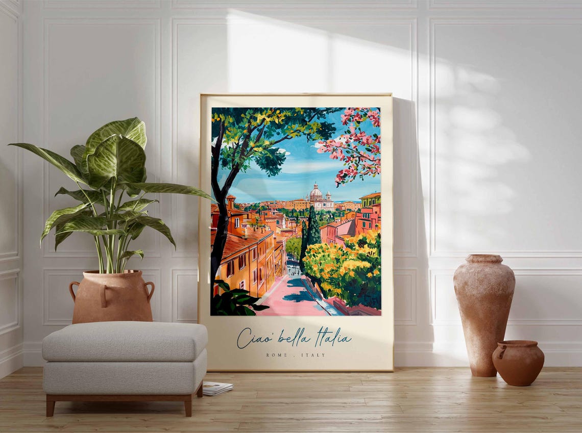 Rome Italy Orange Rooftops Street Dome View Watercolor Poster - Image 3