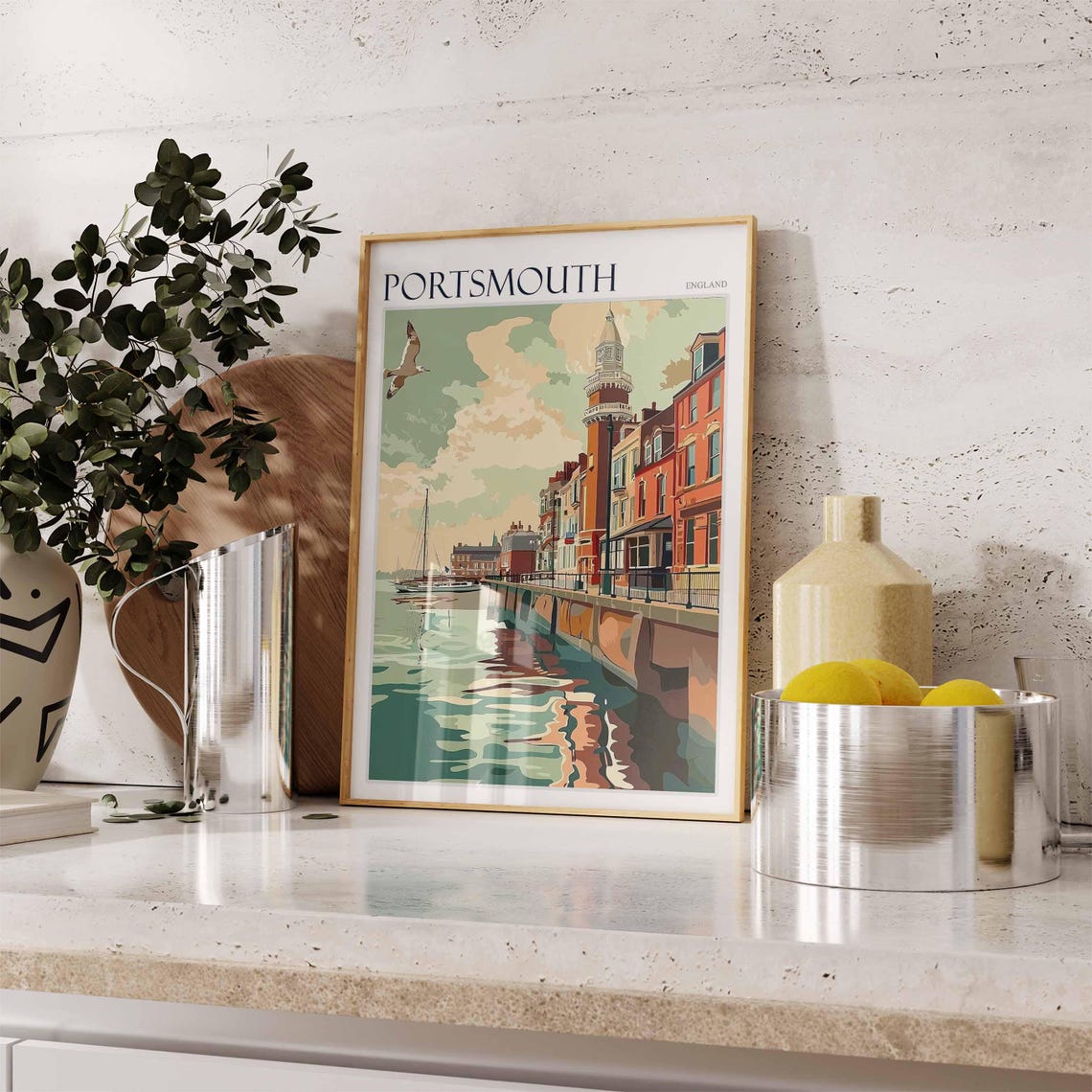 Portsmouth England Vintage Harbor Clock Tower Flat Style Poster - Image 3
