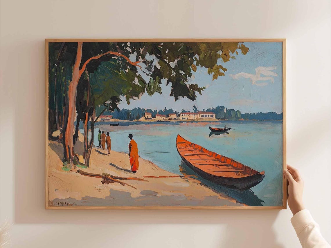 Bangladesh Riverbank Painting Poster Monks by the Water Boats Scene