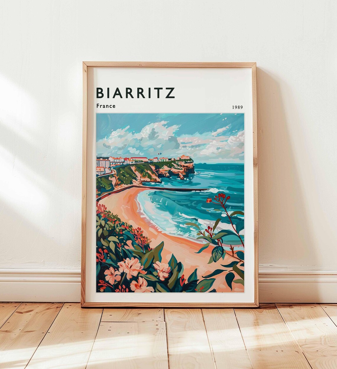 Biarritz France 1989 Sandy Beach Cove Floral Travel Art Poster