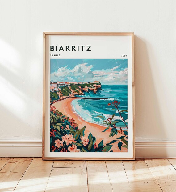 Biarritz France 1989 Sandy Beach Cove Floral Travel Art Poster