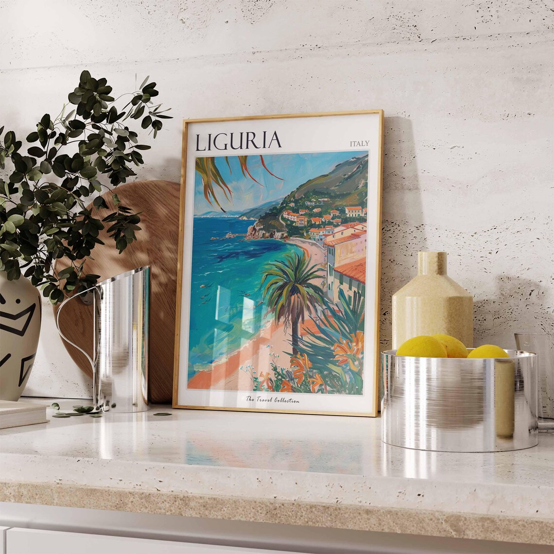 Liguria Italy Turquoise Beach Sea Palm Trees Coastal Travel Poster - Image 2