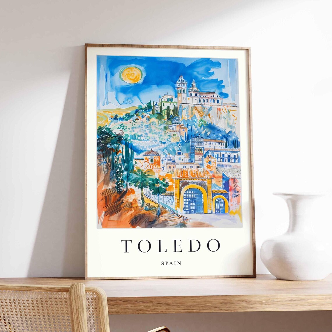 Toledo Spain Hillside Cathedral Under Golden Sun Watercolor Poster
