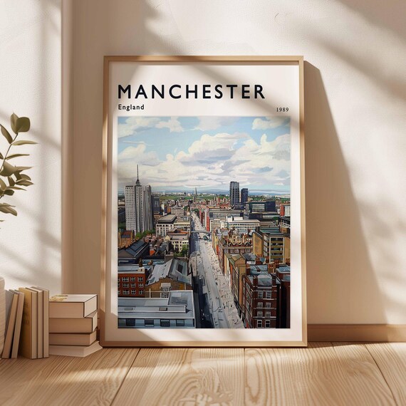 Manchester England 1989 City Skyline Street Vintage British Travel Poster