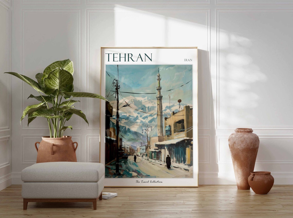 Tehran Iran Street Watercolor Travel Poster Snowy Mountain View - Image 3