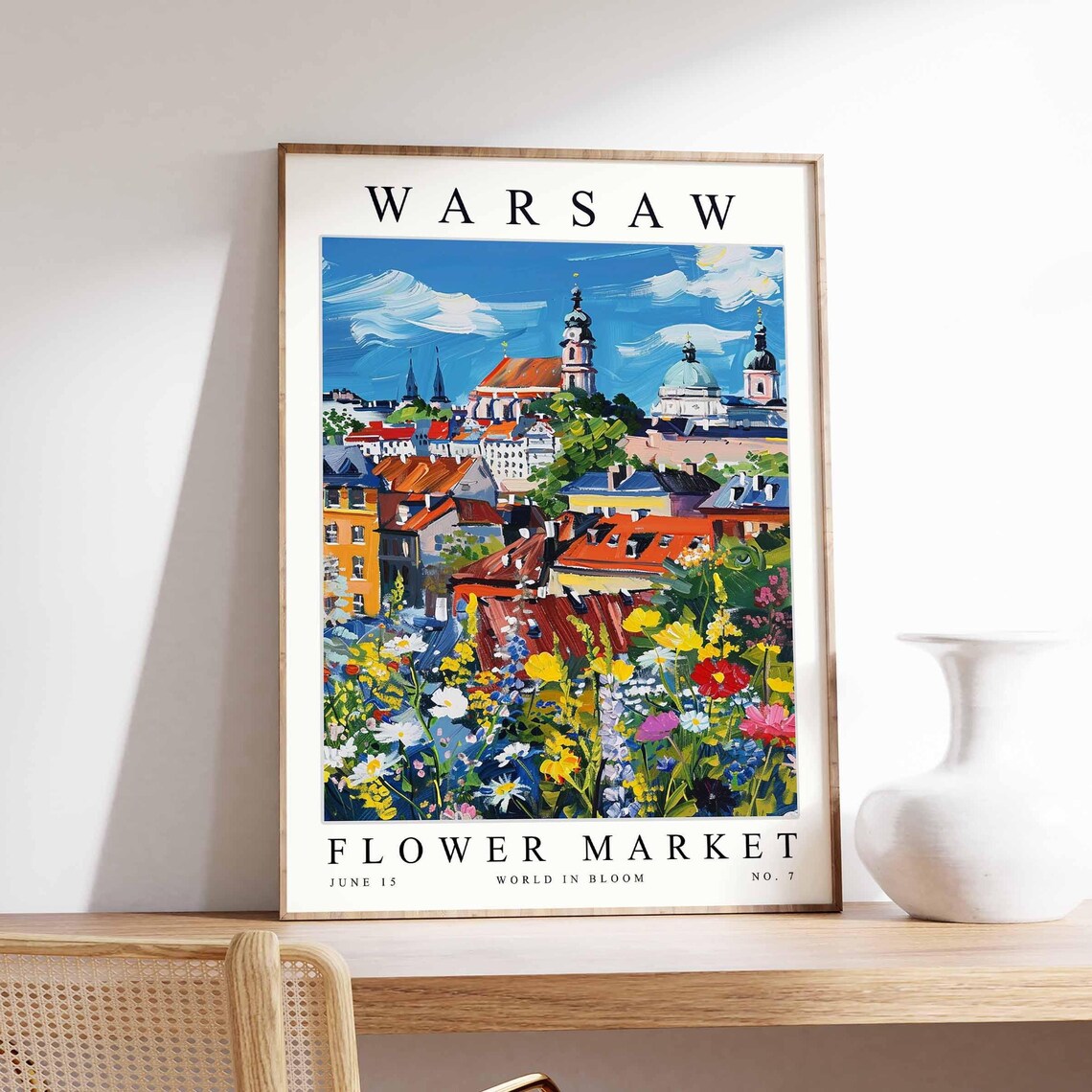 Warsaw Flower Market Church Towers Red Roofs Daisy Field Poster
