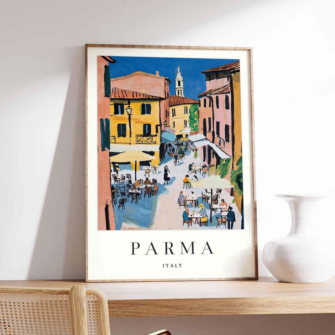 Parma Italy Sunlit Street Cafe Scene Colorful Travel Art Poster