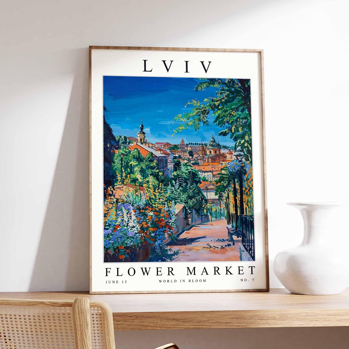 Lviv Flower Market Leafy Lane Church Spire Garden Path Poster