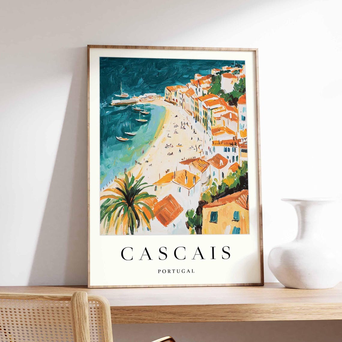 Cascais Portugal Curved Sandy Beach Sailboats Turquoise Poster