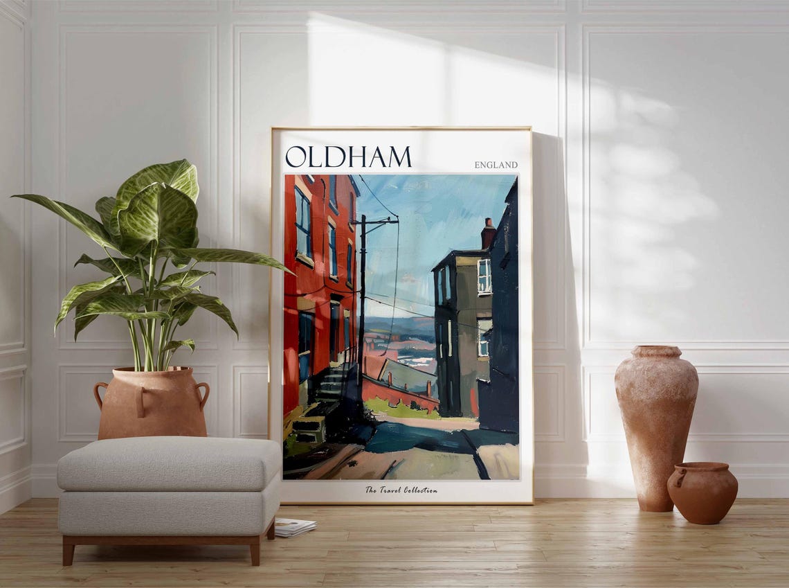 Oldham England Red Brick Street Painting Travel Collection Poster - Image 2