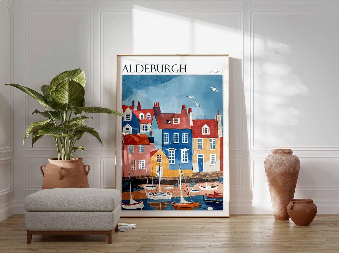 Aldeburgh Harbour Sailboats Colourful Houses Naive England Coast Poster - Image 3