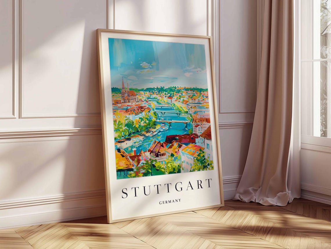 Stuttgart Germany River Panorama with Church Spires and Bridges Poster - Image 2