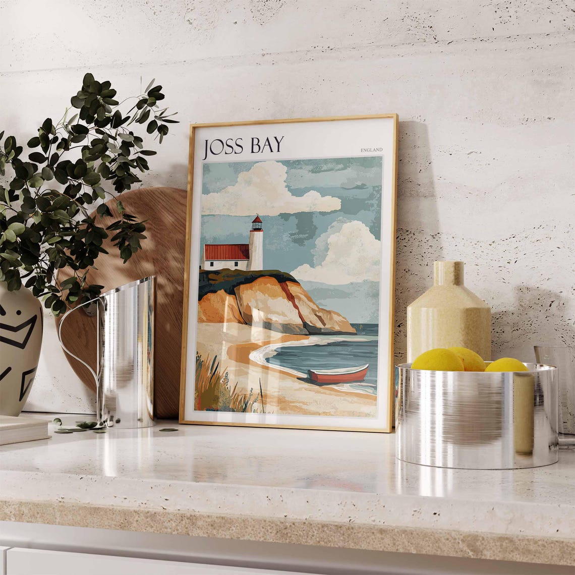 Joss Bay England Lighthouse Rocky Cliff Red Rowboat Beach Poster - Image 2