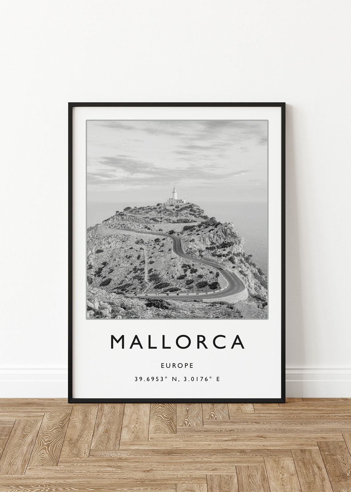 Mallorca Europe Lighthouse Cliff Winding Road Black White Photo Poster - Image 2