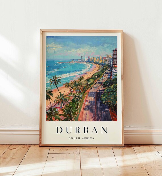 Durban South Africa Colorful Ocean Beach Palm Skyline Travel Art Poster