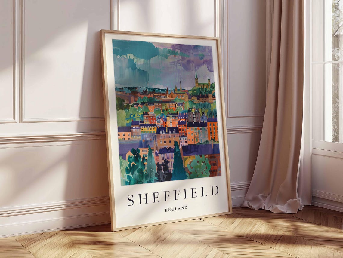 Sheffield England Orange Rooftops and Green Trees City View Poster - Image 2