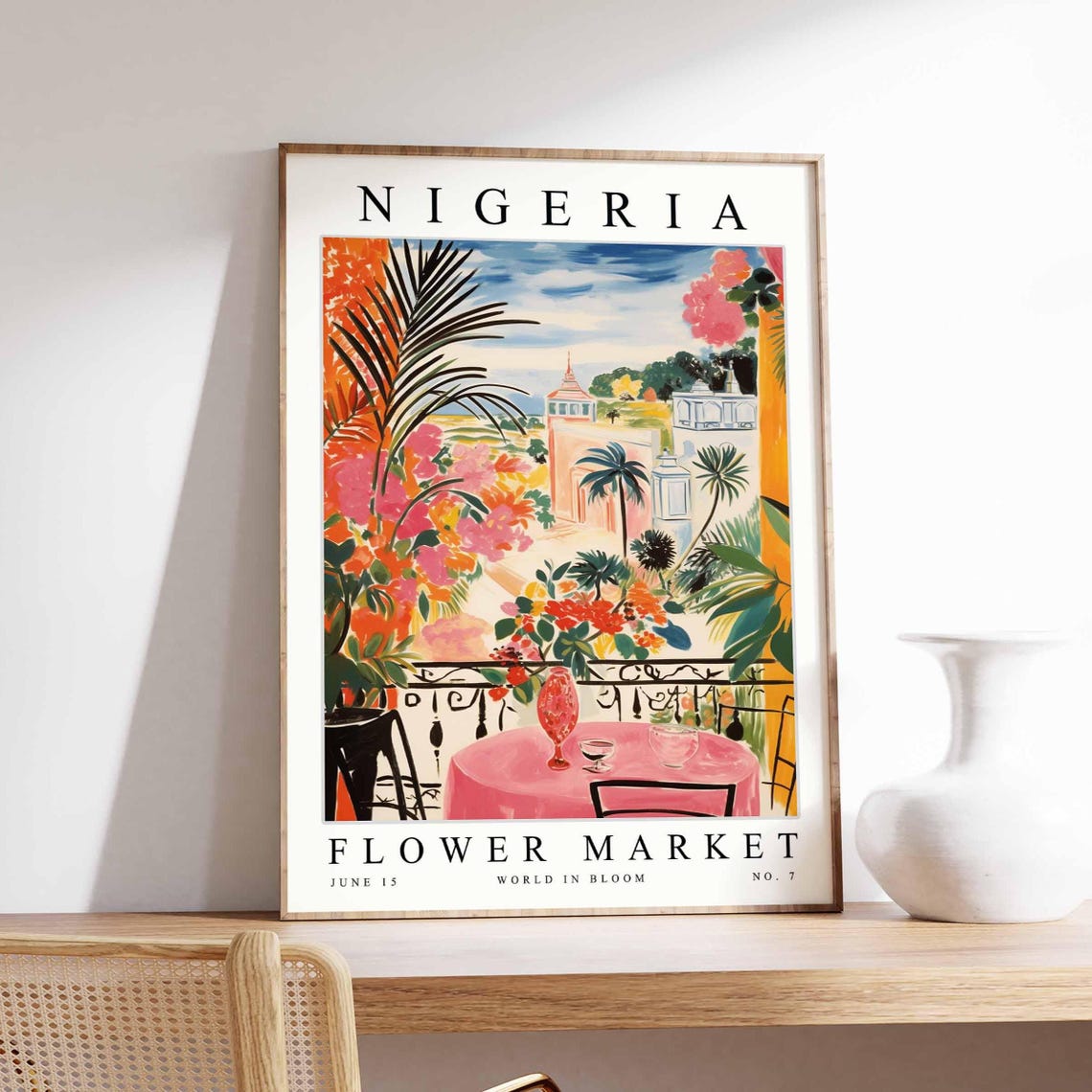 Nigeria Flower Market Tropical Terrace Cafe Scene Art Poster