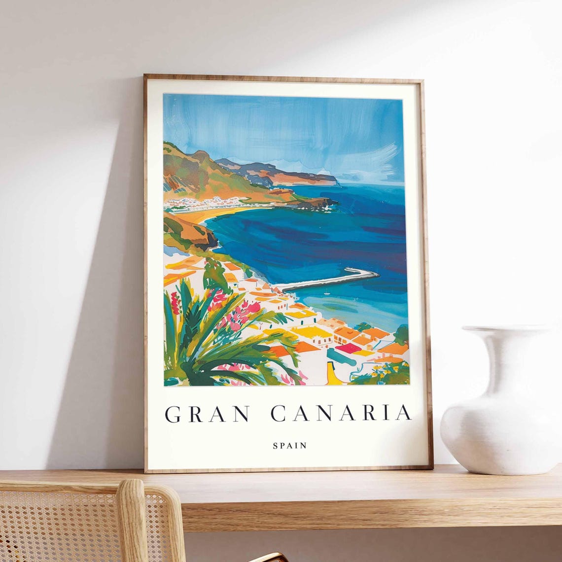 Gran Canaria Spain Turquoise Bay Coastal Village Travel Poster