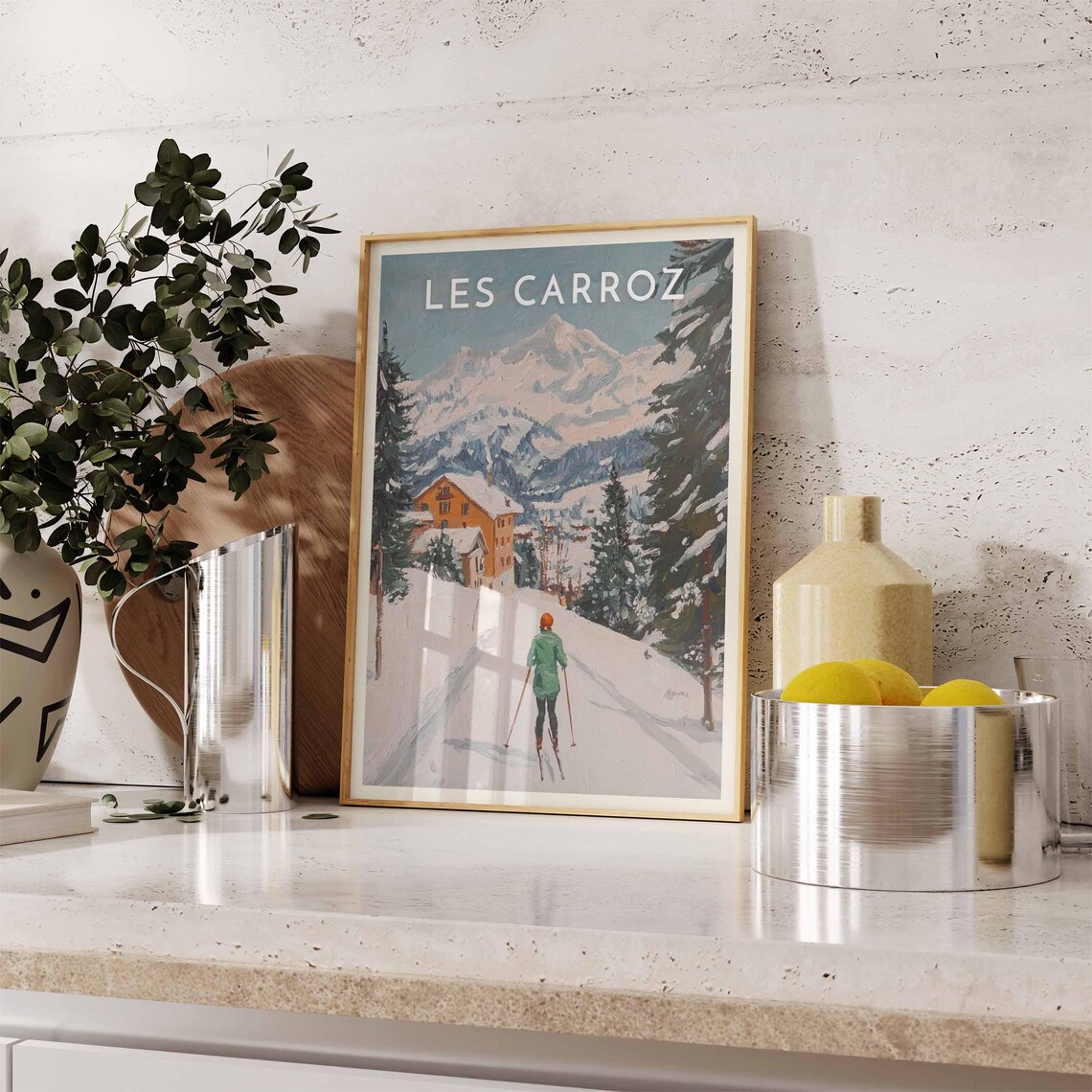 Les Carroz France Vintage Skier Alpine Chalet Snowy Peaks Ski Poster - Image 2