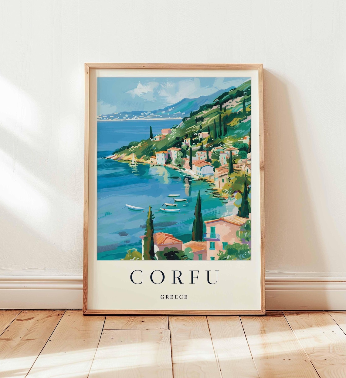 Corfu Greece Coastal Village Cypress Trees Boats Ionian Sea Travel Poster
