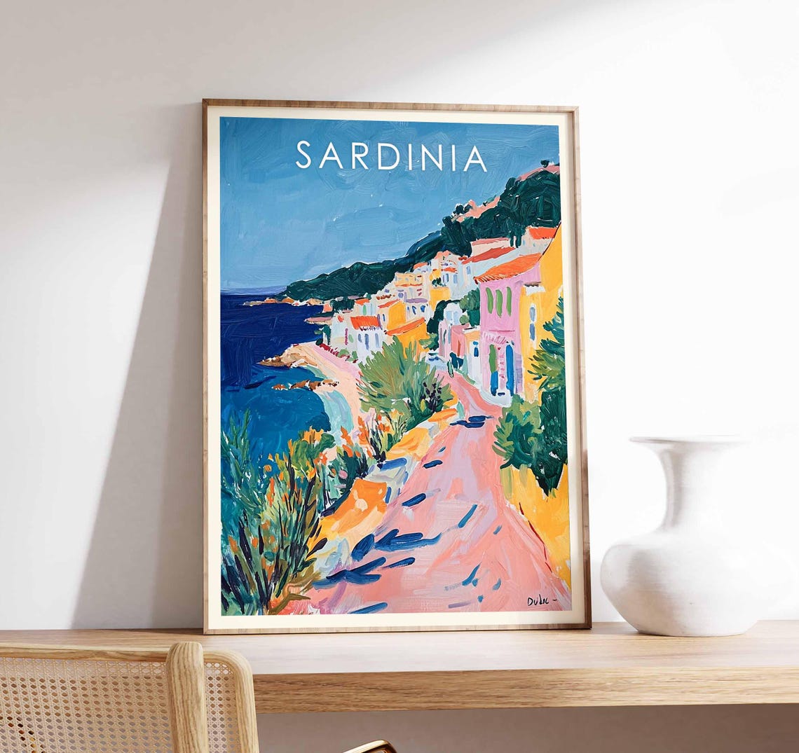 Sardinia Italy Colorful Coastal Village Hillside Path Poster