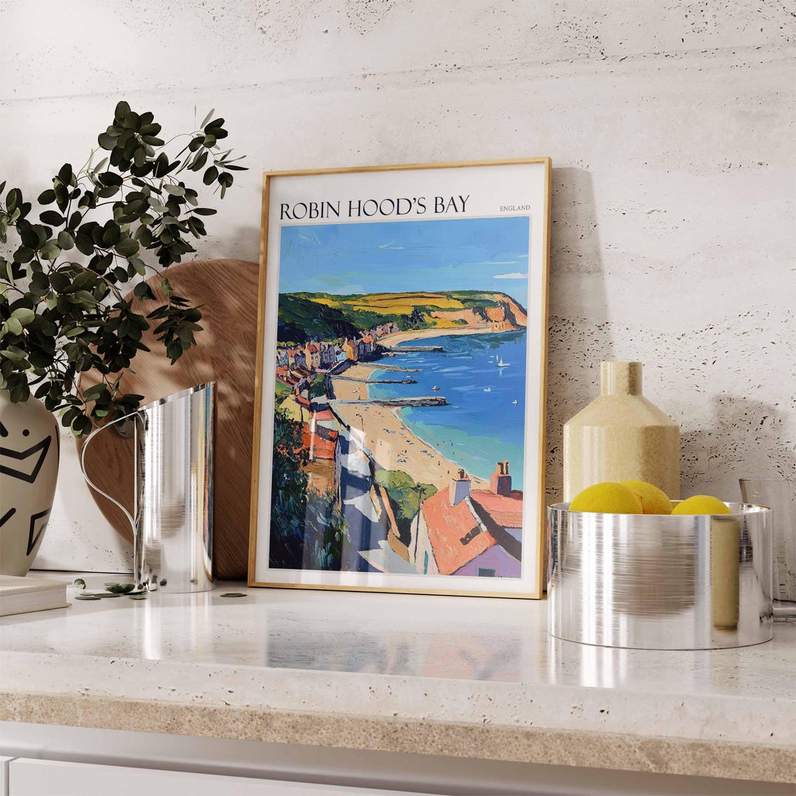 Robin Hood's Bay England Aerial Rooftops Beach Cliffs Poster - Image 3