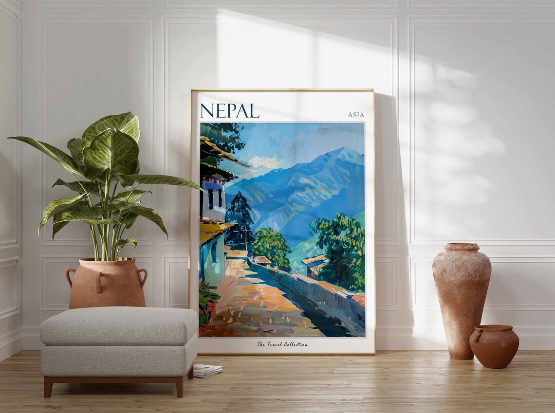 Nepal Asia Mountain Village Street Blue Peaks Scenic Art Poster - Image 2