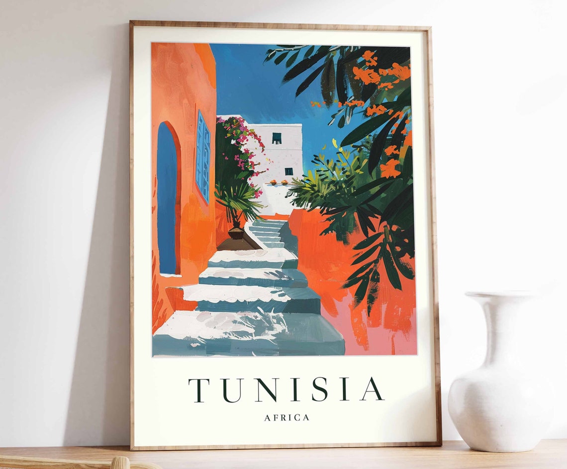 Tunisia Blue and White Village Steps Orange Walls Africa Poster