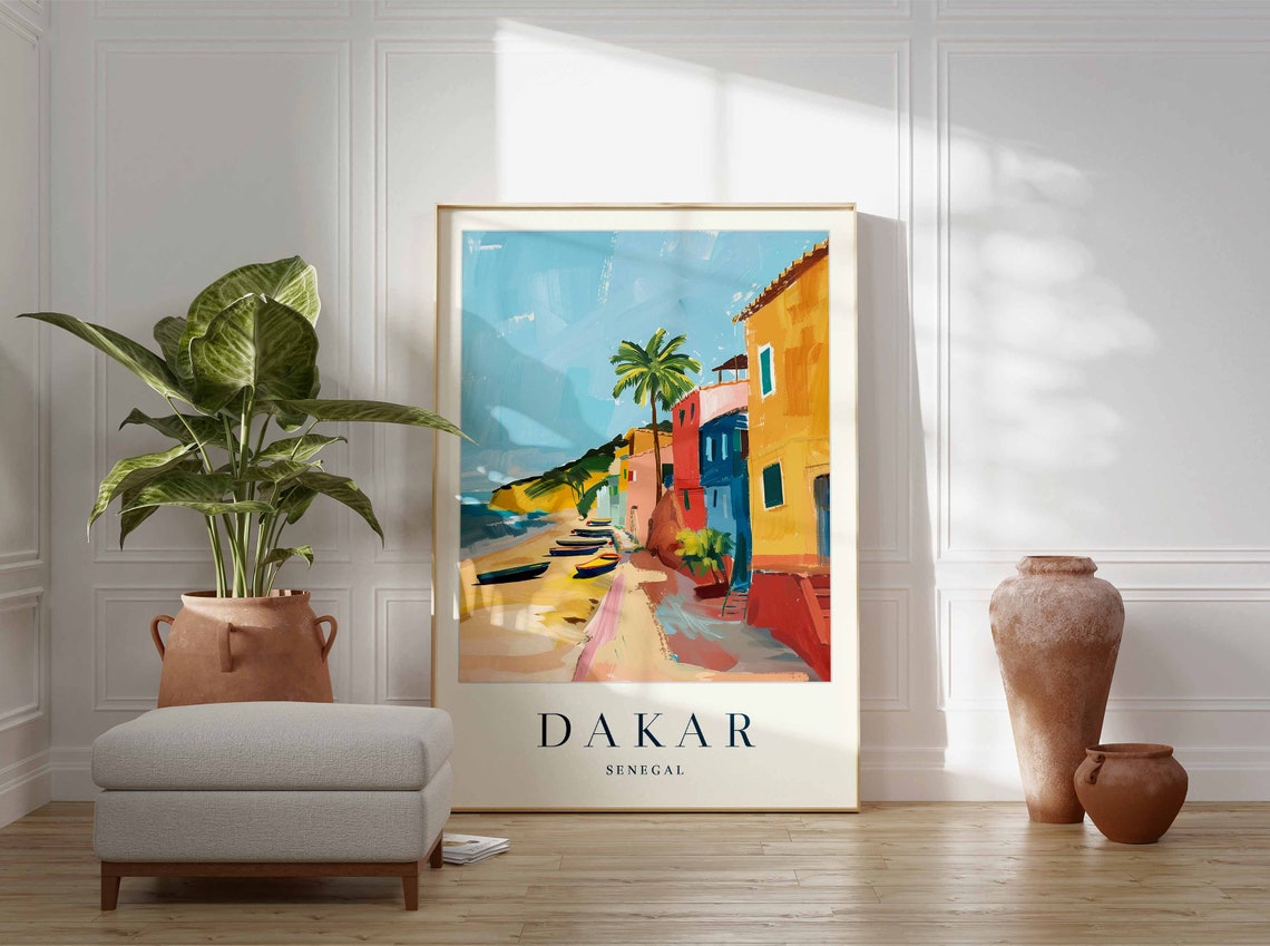 Dakar Senegal Beachside Colorful Buildings Pirogue Boats Travel Poster - Image 3