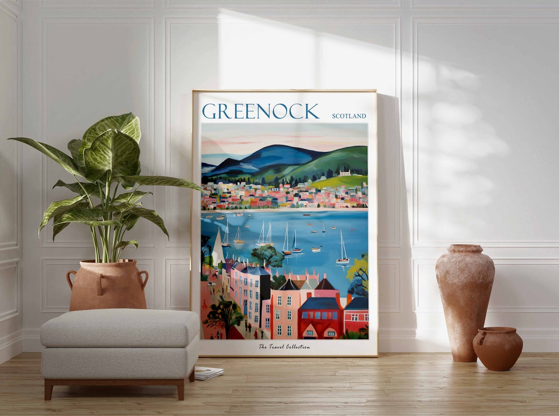 Greenock Scotland Clyde Estuary Sailboats Hillside Town Poster - Image 3