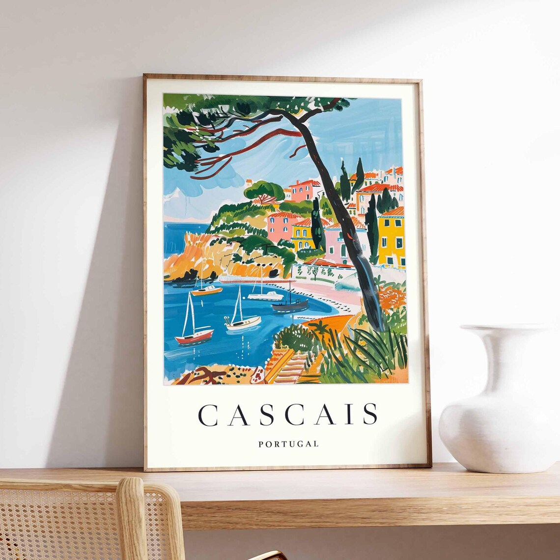Cascais Portugal Bay Sailboats Leaning Pine Seaside Travel Poster