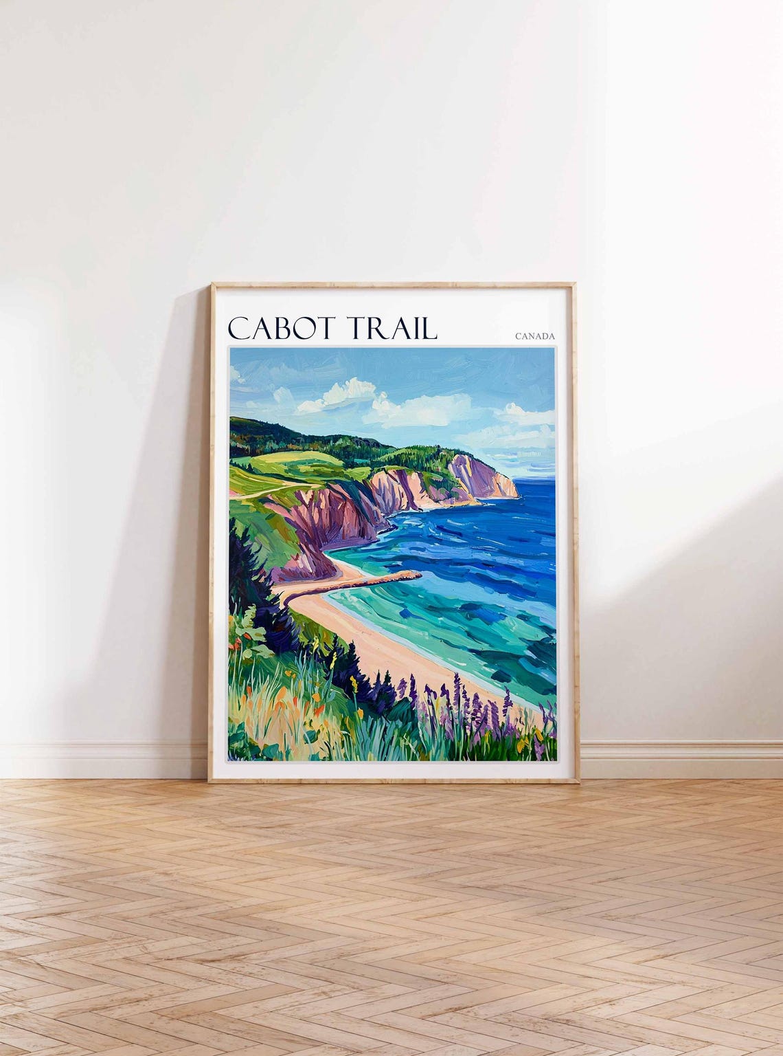 Cabot Trail Canada Sandy Beach Cove and Cliffs Oil Painting Poster - Image 3