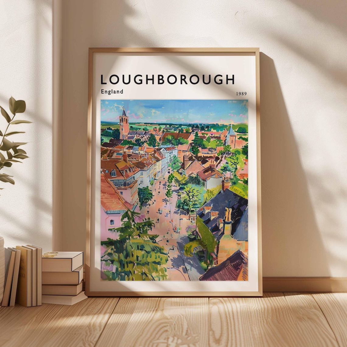 Loughborough England 1989 Colorful Aerial Old Town Painting Poster