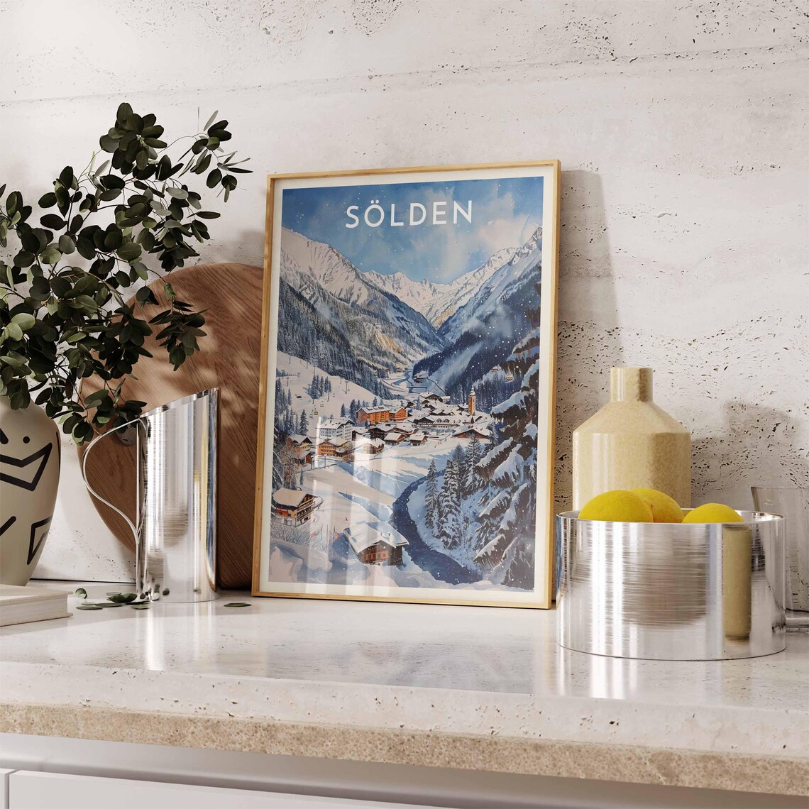 Sölden Austria Watercolor Valley Town and Chairlifts Alpine Poster - Image 2