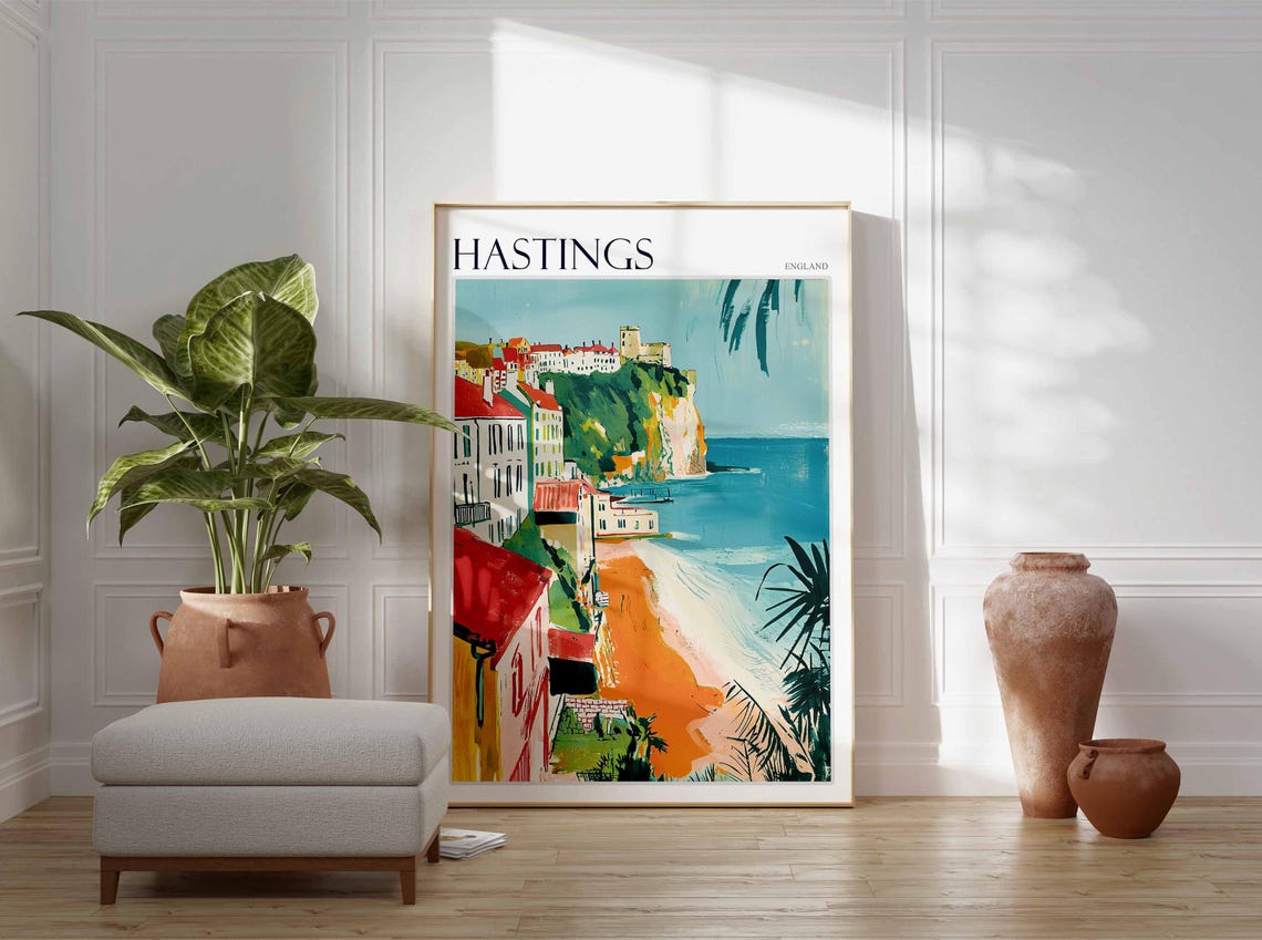 Hastings England Cliffside Castle Hill Town Orange Beach Poster - Image 3