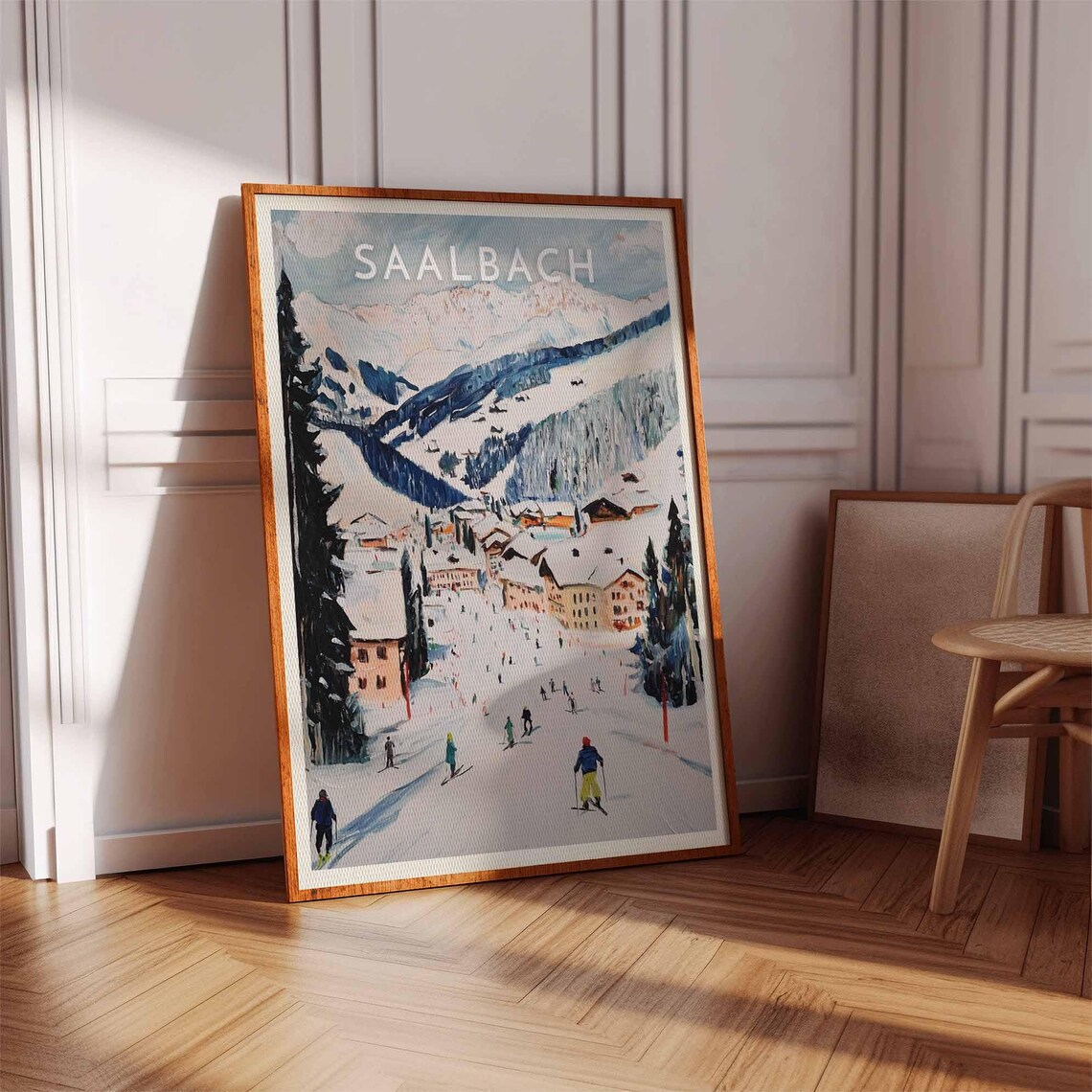 Saalbach Skiers Watercolor Downhill Alpine Piste Scene Poster - Image 3