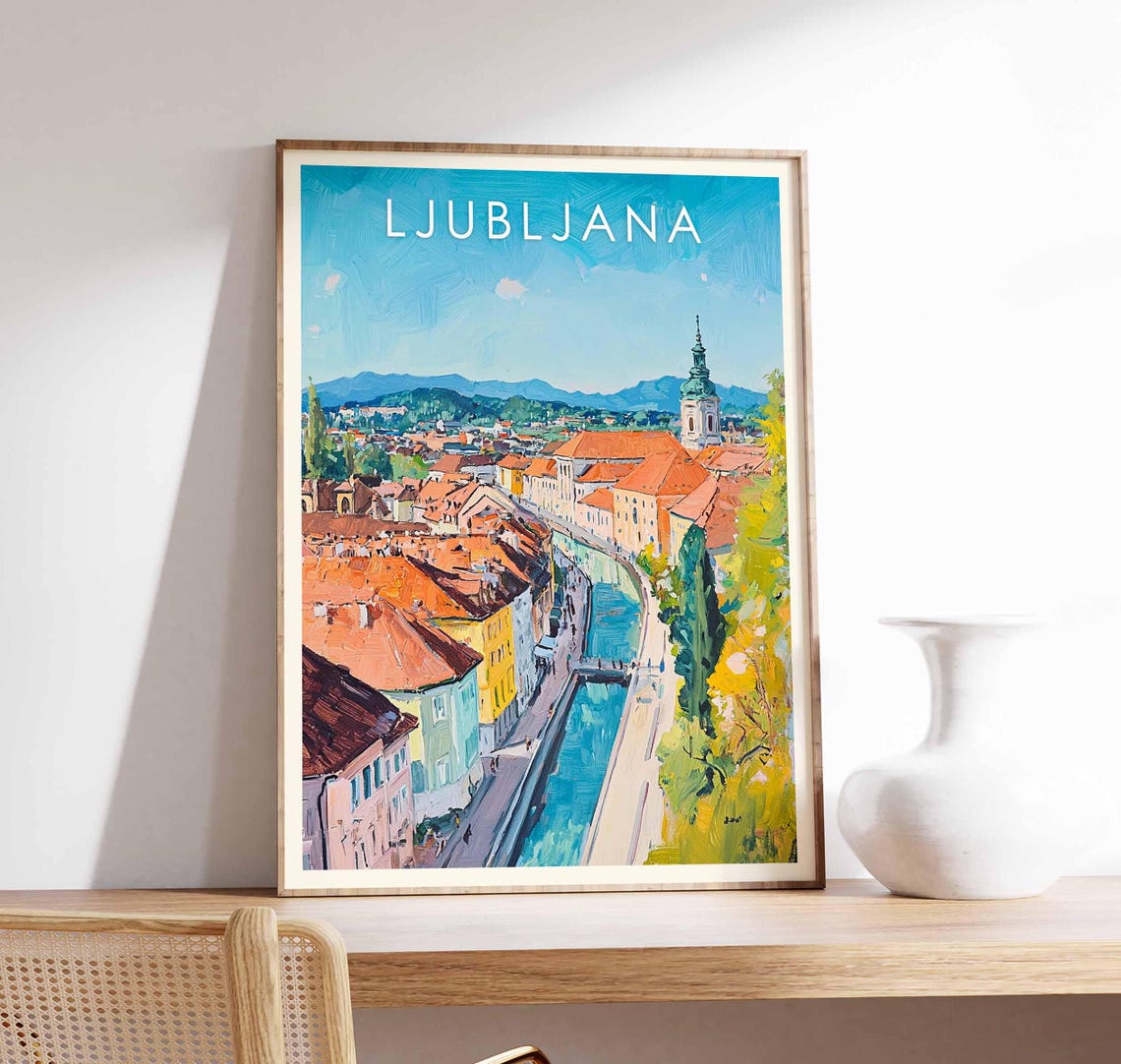Ljubljana Slovenia Winding River Bend Old Town Skyline Art Poster