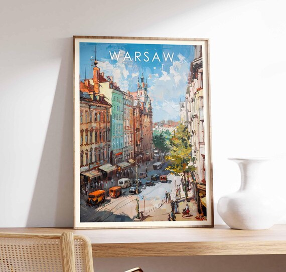 Warsaw Vintage Street Scene Trams City Center Skyline Poster